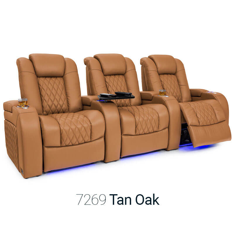 Tan Oak Diamante Row of 3 Home Theater SeatsDiamante Top Grain Leather 7000, Powered Headrest, Power Recline