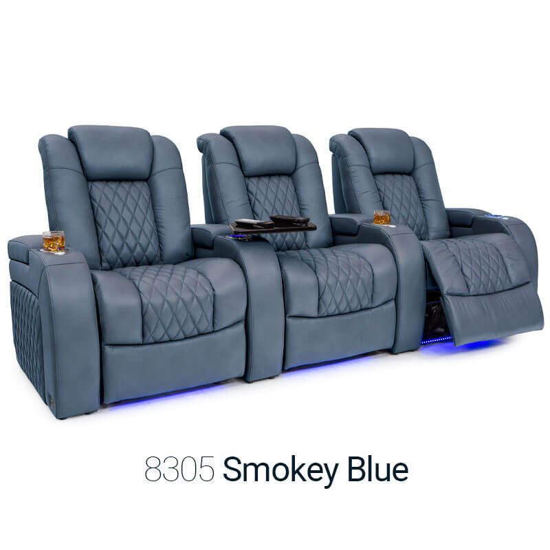 Smokey Blue Diamante Row of 3 Home Theater SeatsDiamante Top Grain Leather 7000, Powered Headrest, Power Recline