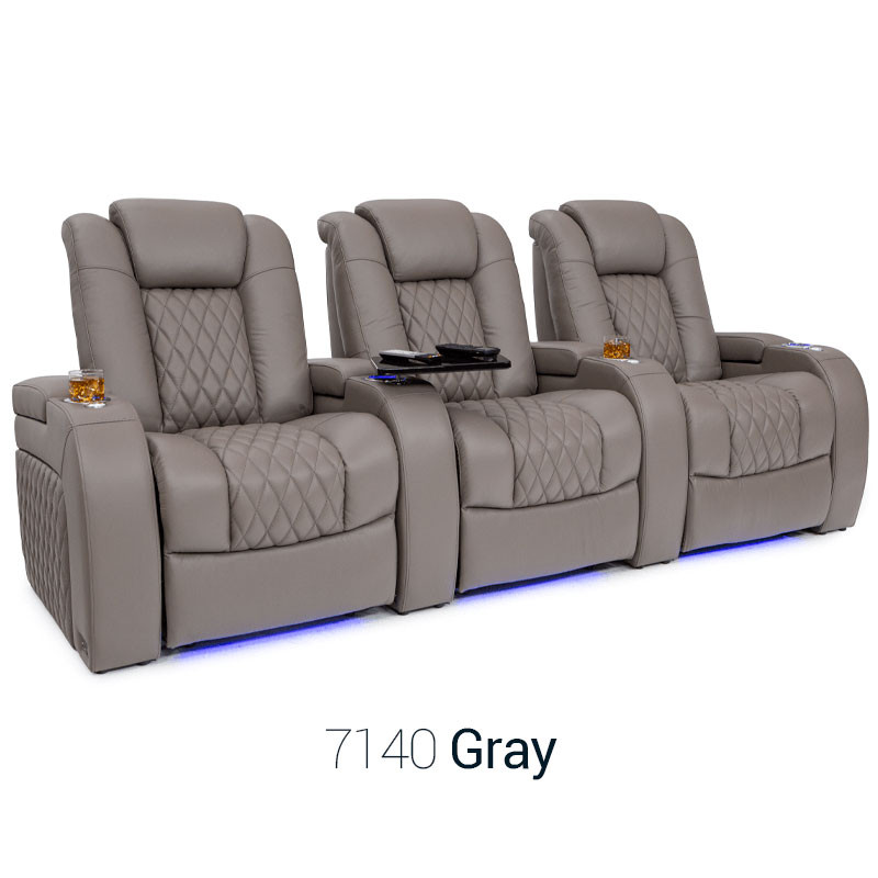 Gray Diamante Row of 3 Home Theater SeatsDiamante Top Grain Leather 7000, Powered Headrest, Power Recline