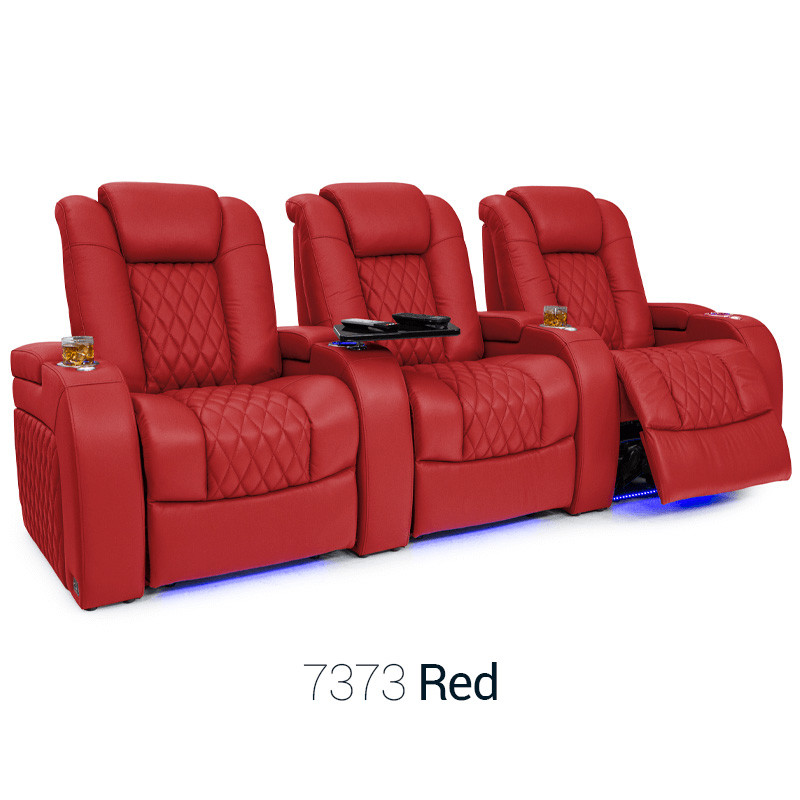 Red Diamante Row of 3 Home Theater SeatsDiamante Top Grain Leather 7000, Powered Headrest, Power Recline