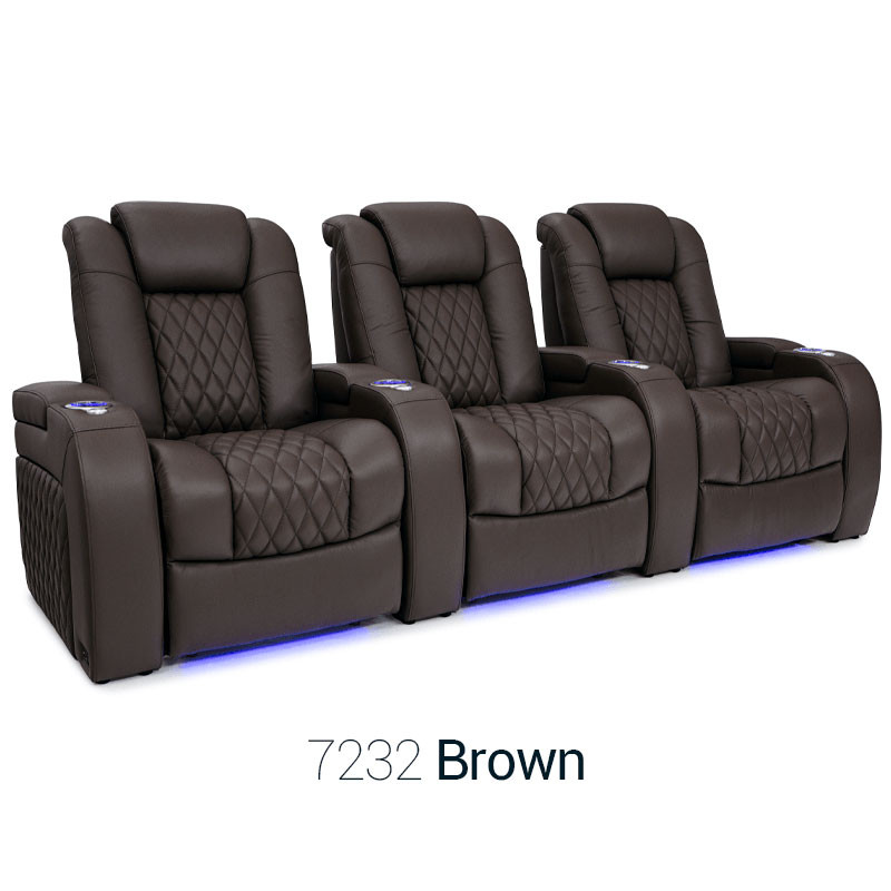 Brown Diamante Row of 3 Home Theater SeatsDiamante Top Grain Leather 7000, Powered Headrest, Power Recline